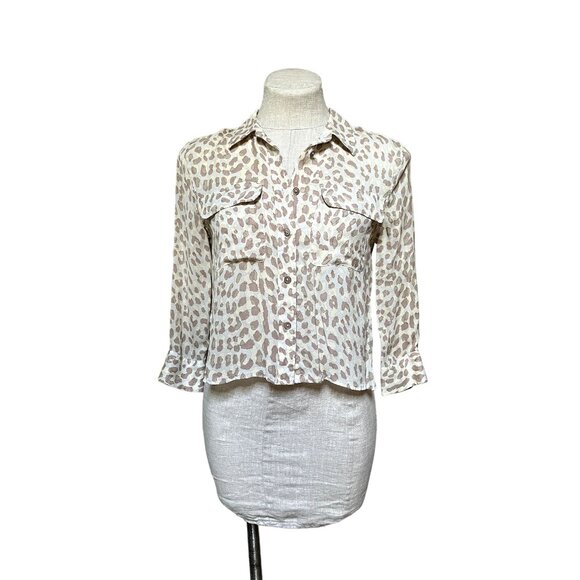 Equipment Femme 100% Silk Beige Leopard Print Semi-Sheer Cropped Button Down XS - Picture 1 of 10